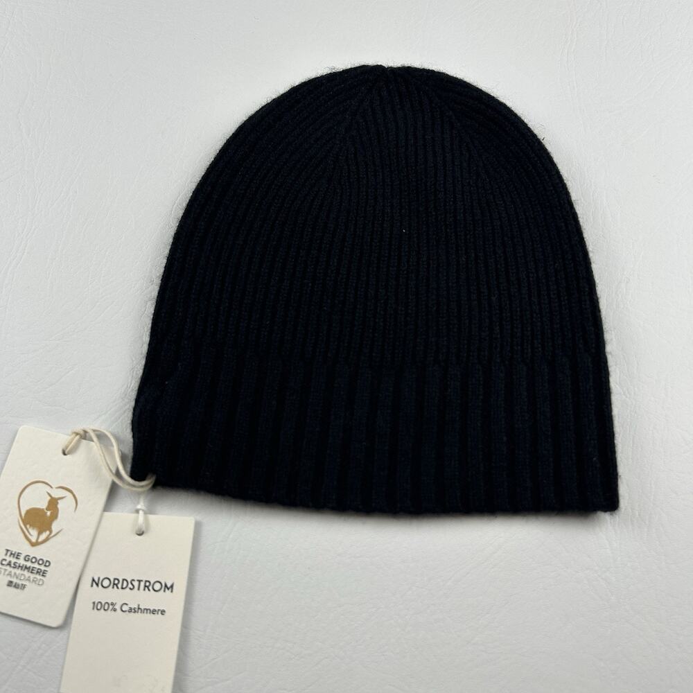 Nordstrom 100% Cashmere Rib Knit Beanie Hat Black One Size Soft Luxury NWT - Picture 2 of 10